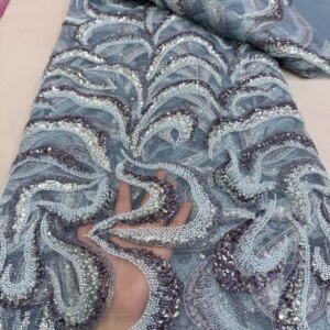 Bule Sequin Lace Fabric 5 Yards Party Bridal Dubai Handmade Crystal Beads New High Quality Luxury African Beaded Tulle Sequence