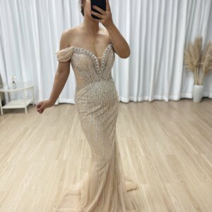 MYMB Saudi Arabic CHAMPAGNE Off Shoulder Crystals Beaded Tulle Mermaid Evening Gown Women Party Gown Formal Occasion MB40364