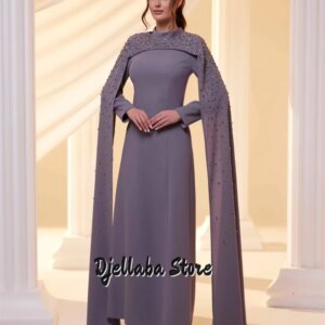 Saudi Arabia Luxury Beaded Evening Dresses With Cape High Neck Pearls Straight Prom Dress Formal Party Dress Customized
