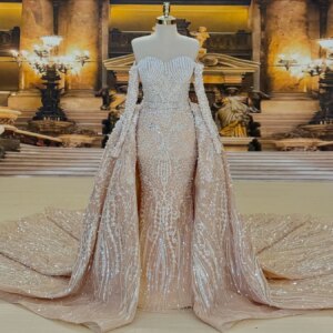 2025 Pink Mermaid Evening Dress Off Shoulder Long Sleeve Party Dress with Detachable Train Crystal Celebrity Dresses Customized