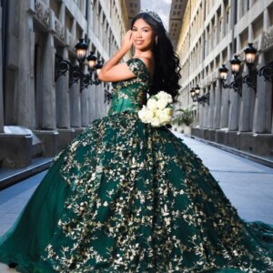 Blackish Green Quinceanera Dresses Off Shoulder Ball Gown Sweet 16 Dress Gold Applique Flower Beads Tull With Cape Birthday Part