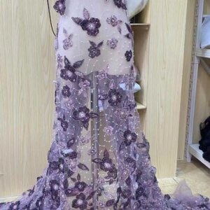 Latest French 3D Flower Sequins lace Fabric 2025 high Quality Nigerian Sequins Beads Lace Fabric with wedding Sew 5 Yards JH