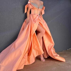 Customized Orange Front Split Party Special Occasion Dresses Off Shoulder Crystal A Line Long Women Formal Evening Dress Party