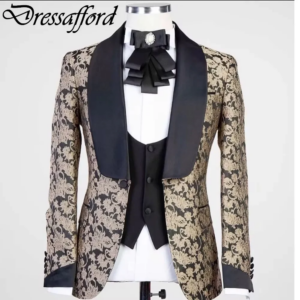 Black&Gold Jacquard Weave Men Suits Formal Party Blazer Two Pieces Groom Wear ( Jacket + Pants )