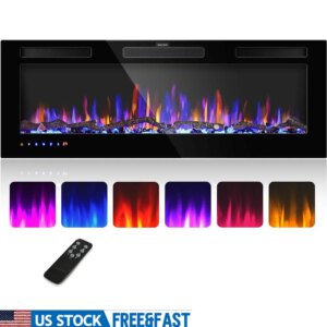 50inch Electric Fireplace Insert Wall Mounted Recessed Heater Indoor Floating Faux Fireplace Remote Control Simulated Flame