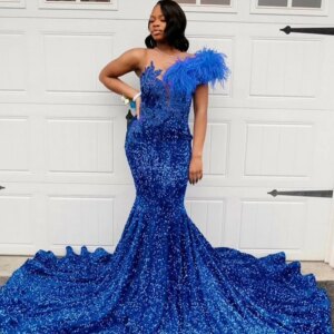 Luxury Rhinestone Mermaid Prom Dresses Feathers 2025 Royal Blue Sequined Birthday Party Gowns Formal Evening Wear Customized