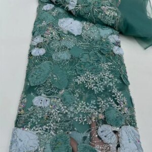 Green African Tulle Lace Fabric 2025 French Net Sequin Fabric Sewing Embroidery With Beads Lace Tulle Mesh Nigeria Dress 5 W551-
