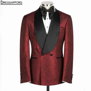 Red Jacquard Formal Wedding Suits Men’s Business Suit 2 Pieces (Jacket Pants) Man Tuxedo Groom Wear