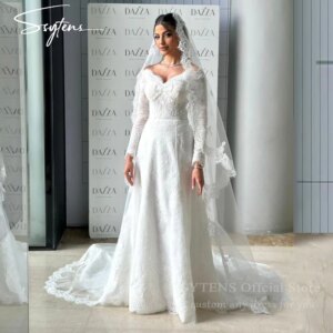 Luxury V Neck Wedding Dresses Full Lace Long Sleeves Queen Bride Gown A Line Bridal Dress Floor Length Custom Vestidos De Novia