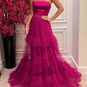 Prom Dress 2025 Hot Pink Party Dress Chiffon Strapless Evening Dresses Sleeveless Ruffles Tiered Sweep Train Elegant Customized