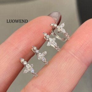 LUOWEND 100% 18K White Gold Earrings Real Natural Diamond Hoop Earrings Elegant Butterfly Shape High Wedding Jewelry for Women