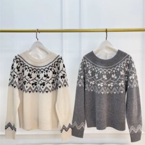 Ladies New Pullover Sweater Contrast Color Jacquard Loose Long Sleeve Cashmere Knitted Top Women’s Clothing