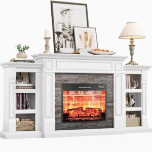 70″ Electric Fireplace with Mantel, Fireplace TV Stand, Modern Entertainment Center, Realistic Stacked Stone Surround