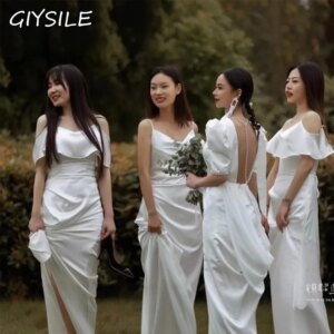 GIYSILE Satin Light Wedding White 2025 New Spring Formal Dress Women Elegant Evening Dresses Short Sleeve Summer Simple Fashion