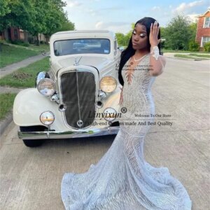 Silver Diamond Sparkly Mermaid Prom Formal Dresses for Black Girl Custoimized Diamond Gillter Evening Gown vestidos para mujer