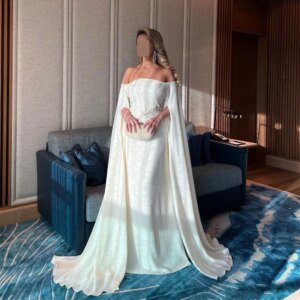 ROYET Pleat Simple Off The Shoulder Sequined Crystals Mermaid Evening Dress Floor Length Sweep Train Formal Prom Gown New 2024