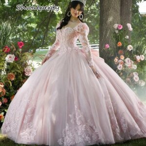 Long Sleeves Princess Quinceanera Dress Lace Appliques Customized Sweet 16 Dress Prom Party Birtday Gown