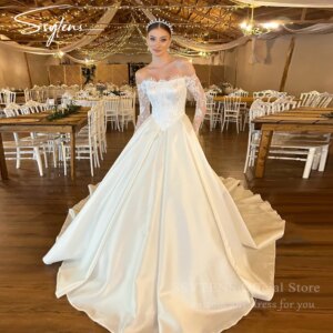 SSYTENS lvory Satin Wedding Dresses Off-shoulder Lace Long A Line Bride Gowns Boat Neck Sweep Train Bridal Dressed Customized