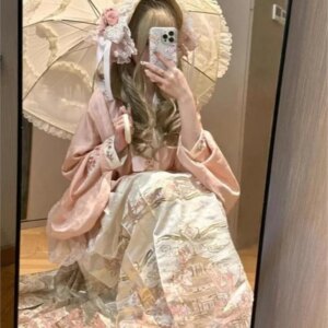 A cute and eclectic Hanfu dress with interlaced sleeves collared upper skirts