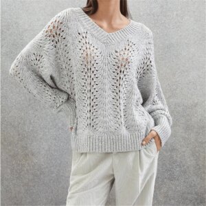 V-Neck Sequined Pullover Long-Sleeved Knit Sweater High Quality Women’s Clothing