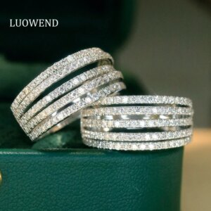 LUOWEND 100% 18K White Gold Rings Luxury Shiny Design 0.85carat Real Natural Diamond Engagement Ring for Women Senior Banquet