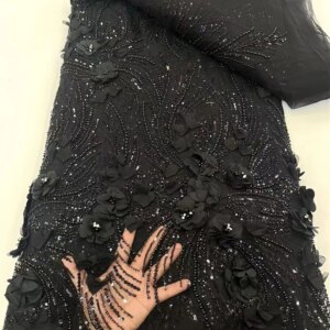 Bridal Lace Fabrics 3D Tulle Flower Black Lace Fabric 2024 High Quality Lace 5 Yards Nigerian Beaded Sequence Lace Dress A617-1