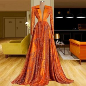 Exquisite Orange Evening Dresses V-neck Floor Length Long Sleeves Cut-out High Side Split Shiny Fashion Banquet Prom Gowns