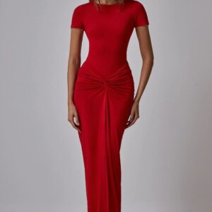 CustomizedGraceful Jersey Straight Evening Dress Front Slit O-neck Short Sleeves Floor Length Red Sweep Train Bespoke Occasion G
