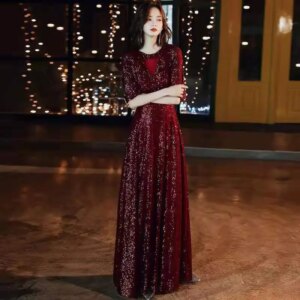 Wine Red Sequin Long Evening Dresses For Women Elegant Round Neck A-Line Floor-Length Formal Occasion Dresses For Wedding Party