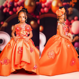 Orange Big Flower Kids Birthday Dresses Princess Girl Dresses for Wedding Baby Prom Gowns for Photoshoot
