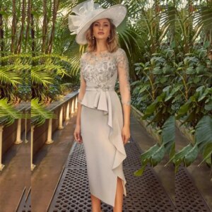 Frill Sheath Mother of the Bride Dresses Tea Length Crew Neck 3/4 Sleeve Midi Prom Dress Sequin Appliques Short Evening Gown