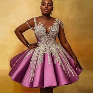 African Short Sleeves Puffy Satin Formal Party Dress Aso Ebi Style Cocktail Gowns Luxury Crystals Beading Short Prom Dresses