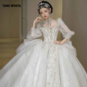 Robes De Cérémonie Mariage High Three Quarter Sleeve Lace Up Keyhole Back Beading Embroidery Luxury Wedding Dress Customized