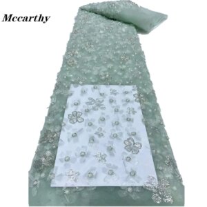 Green African Lace Fabric 5 Yards 2024 High Quality Elegant Beads Embroidered French Nigerian Sequins Lace Fabric For Wedding