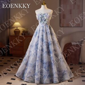 EOENKKY Luxury Evening Dress 2025 Wedding Woman Blue Strapless Floral Beaded A Line Formal Events Dresses Customized فساتين سهرة