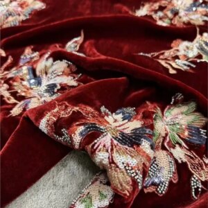 New Christmas red haute couture silk velvet heavy embroidery fabric autumn and winter cotton-padded outerwear