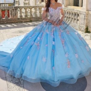 Customized Light Blue Quinceanera Dresses Ball Gown Flower Applique Lace Up Sweep Train Prom Birthday Party Dress Pageant Wear