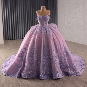 Customized Lavender Purple Off Shoulder Quinceanera Dress Tul 3D flower applique Long tail Bow vestidos de 15 Quinceanera