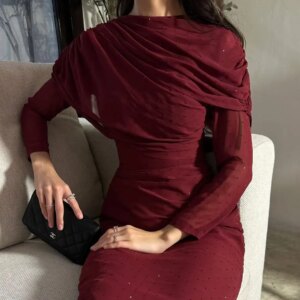 Customized Long Sleeves O-Neck Prom Dresses Pleated Beadings Floor Length Temperament Evening Dresses