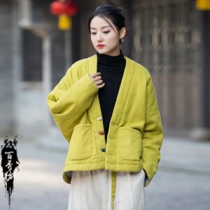 Autumn and Winter New Cotton Linen Women’s Clothing Artistic Retro Quilted Top Ramie Warm Short Cotton-Padded Coat