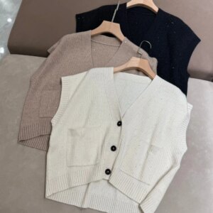 Sequinned 100% cashmere loose V-neck knitted vest