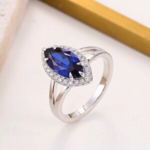 Provence Luxury wedding Ring Solid Gold Marquise cut blue Lab Gemstone Ring DEF/VS Lab Diamonds Halo Engagement band Custom