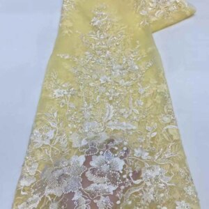 2025 France High-End Luxury Elegant Yellow Handmade Beaded Lace Fabric Nigerian With Sequins Mesh Lace Fabric For Wedding Dress
