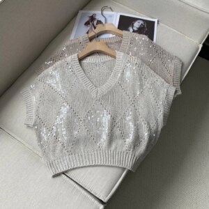 Hollow Out Women’s Sequined Sweater Summer V-Neck Short Sleeve Loose Ladies Knitted Pullover