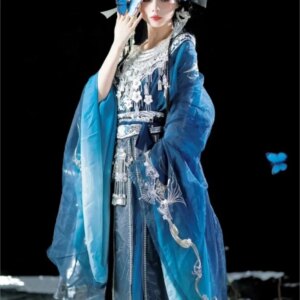 New Ancient Chinese Clothing Women’s Miao’ S Embroidered Big Sleeve Waist-High Dress Wei and Style Ethnic Exotic Suit