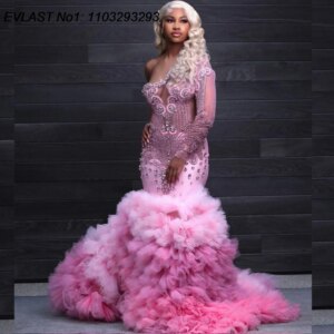 EVLAST Customized Sparkly 2025 Pink Ruffles Mermaid Prom Dress Black Girl Long Sleeve Crystal Beaded Birthday Party Gown TPD218