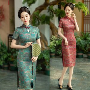 Imitation Xiangyun Yarn Gilding Mid-Length plus Size Short Sleeve Robe Retro National Style Middle-Aged Elderly Cheongsam
