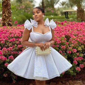 With Bow Straps African Cute Women Formal Party Gowns Cocktail Dress vestidos de fiesta Pretty White Puffy Short Prom Dresses