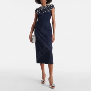 Latest Navy Blue Mother Dresses 2024 Tea Length Mother of the Bride Gowns Short Sleeves Crystal Beaded Wedding Party Dress Short