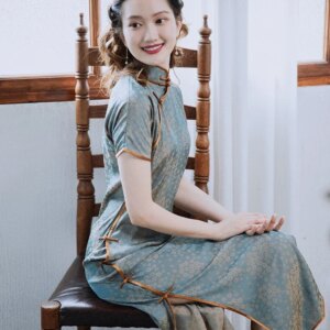 Retro Jacquard Rayon Women’s Classic Cheongsam Short Sleeve Summer Long Dress Elegant Traditional Qipao